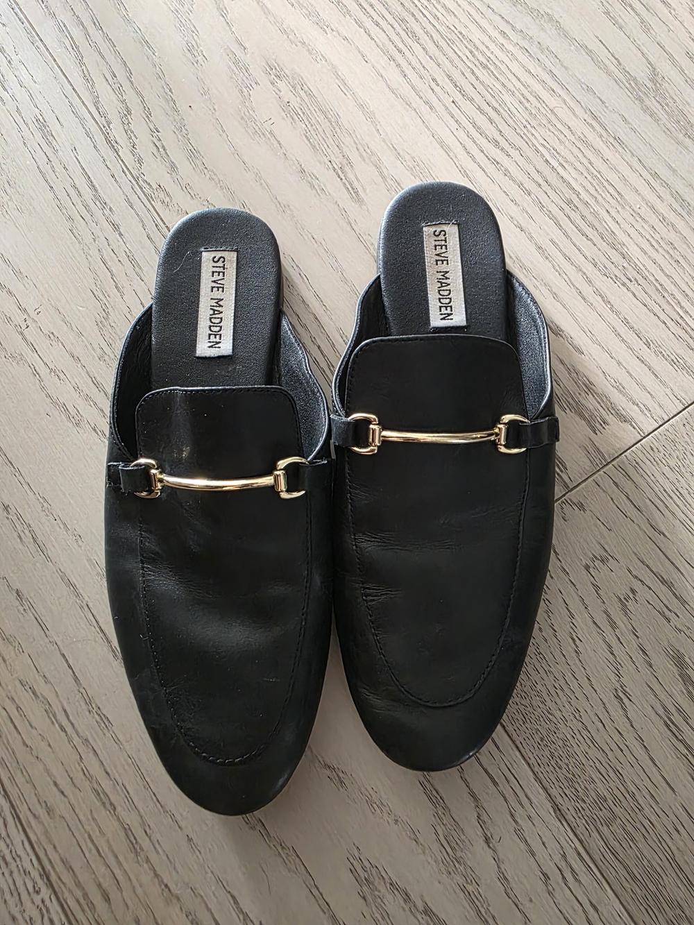 Steve Madden Black Leather Gold-Trim Mule Loafers